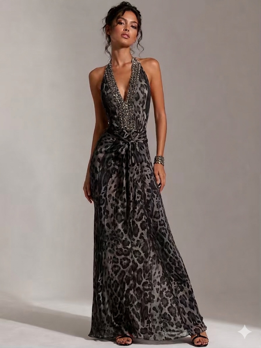 Y2k Sb Sheri Bodell Black Gray Studded Leopard Print Halter Maxi Dress Nwt Glam